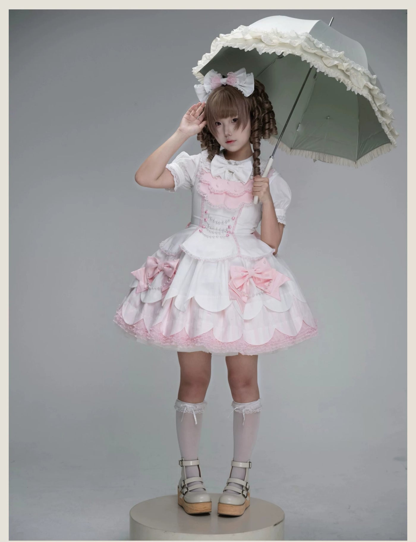 Tata Long Ear - Pearl Princess - White-and-Pink JSK Dress with Pearl Details and Scalloped Layers