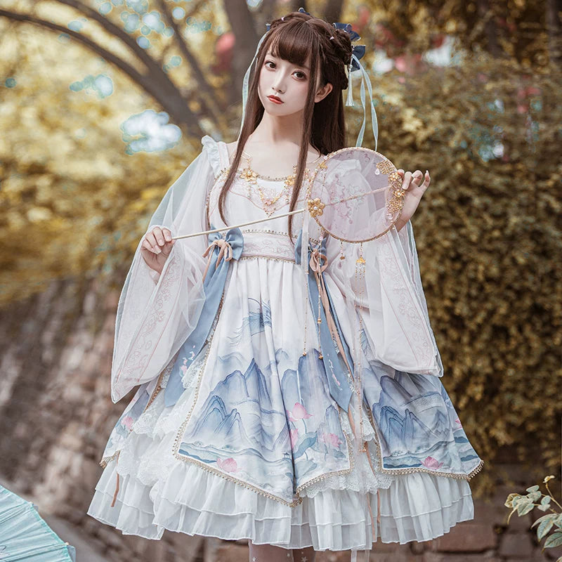 Leopard cat illustration on Lolita Fetch OP dress with long sleeves, inspired by Lingyin Poem in Qi style.