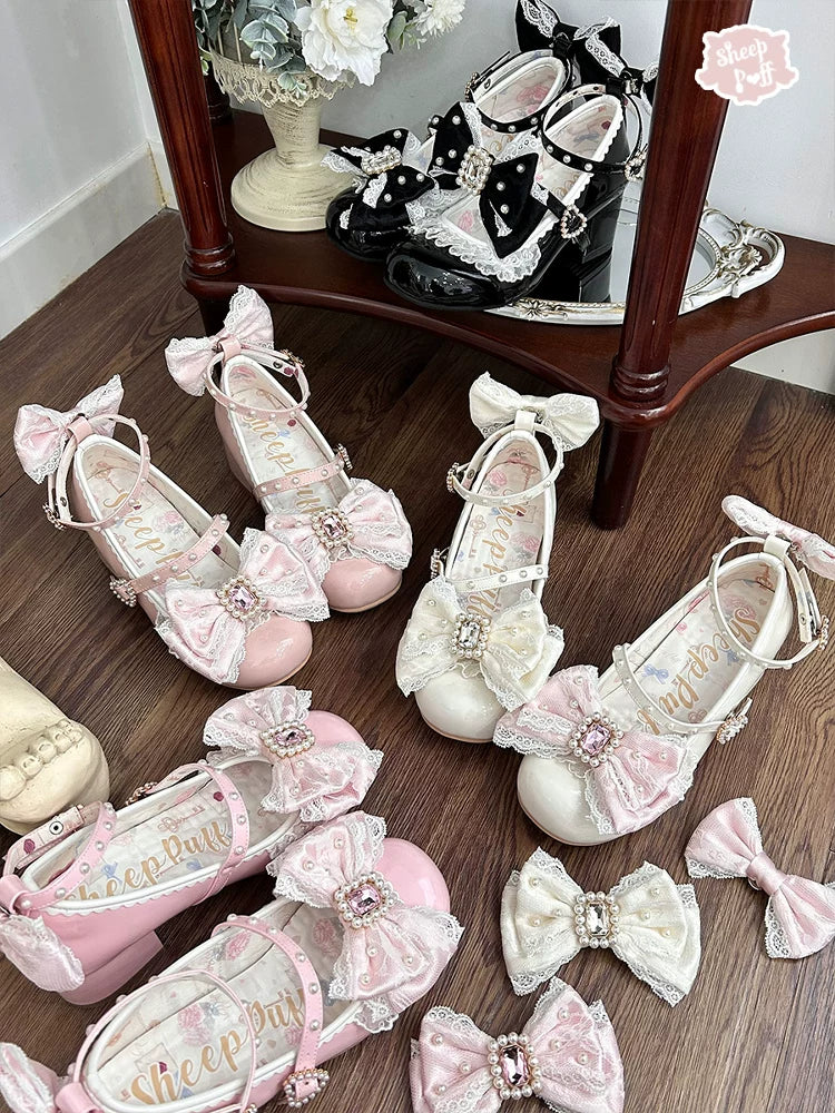 Sheep Puff Lace Romance Mid Heel Lolita Shoes with intricate lace details and a charming, feminine design.