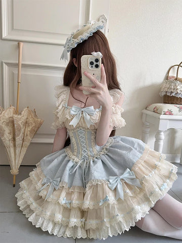 Creamy - Blue Ballet Cake - Blue Tiered JSK Dress with Cream Lace and Bow Accents