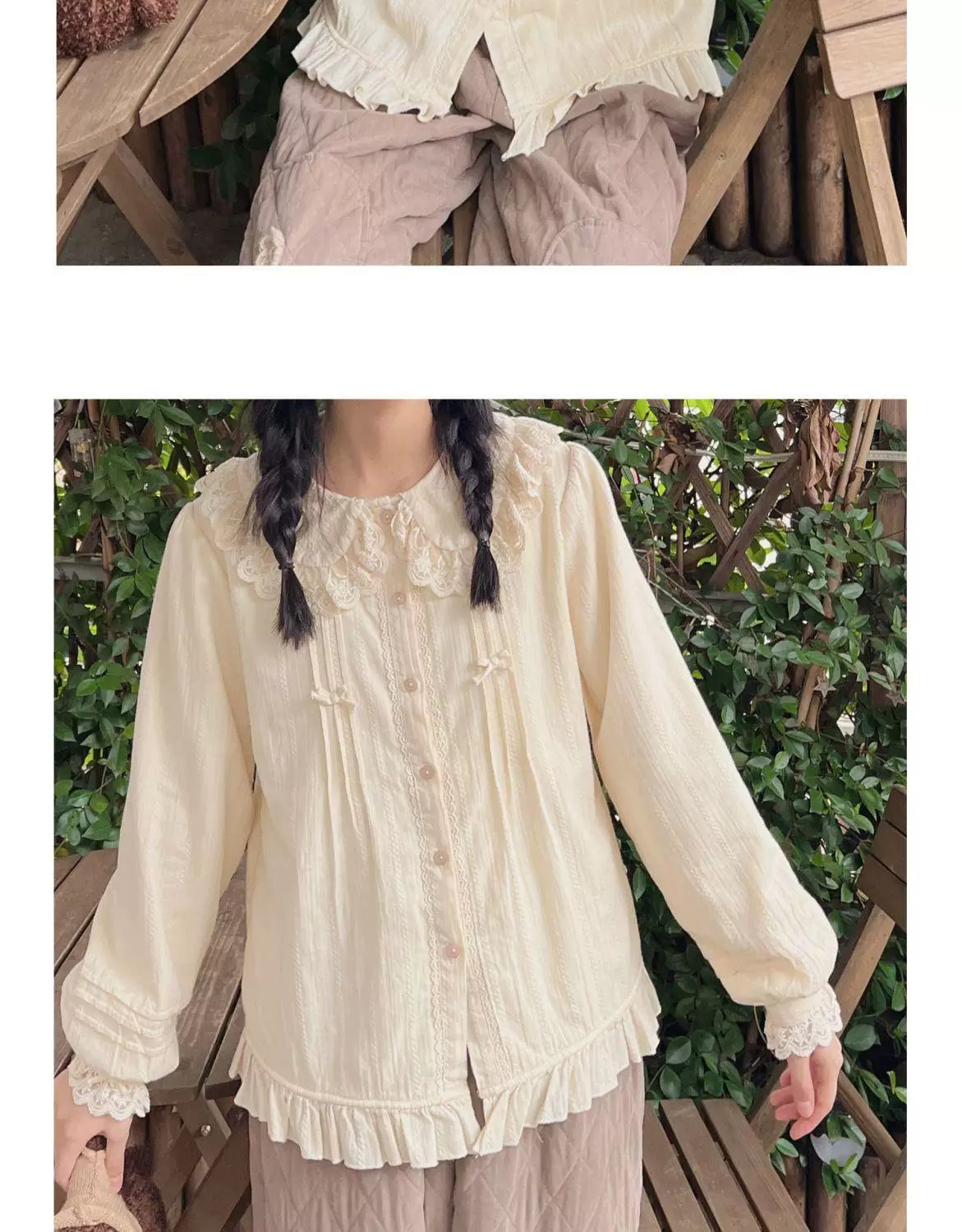 Sweetheart Dream Machine - Lace Collar Classic - Lace-Collar Long-Sleeve Blouse with Front Bows