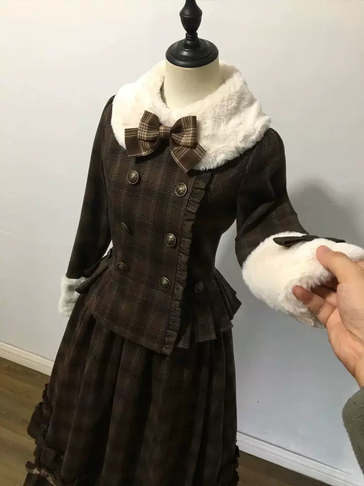Creamy - Vintage Plaid - Two-Piece Short Jacket and Long Skirt Set with a Plush Collar