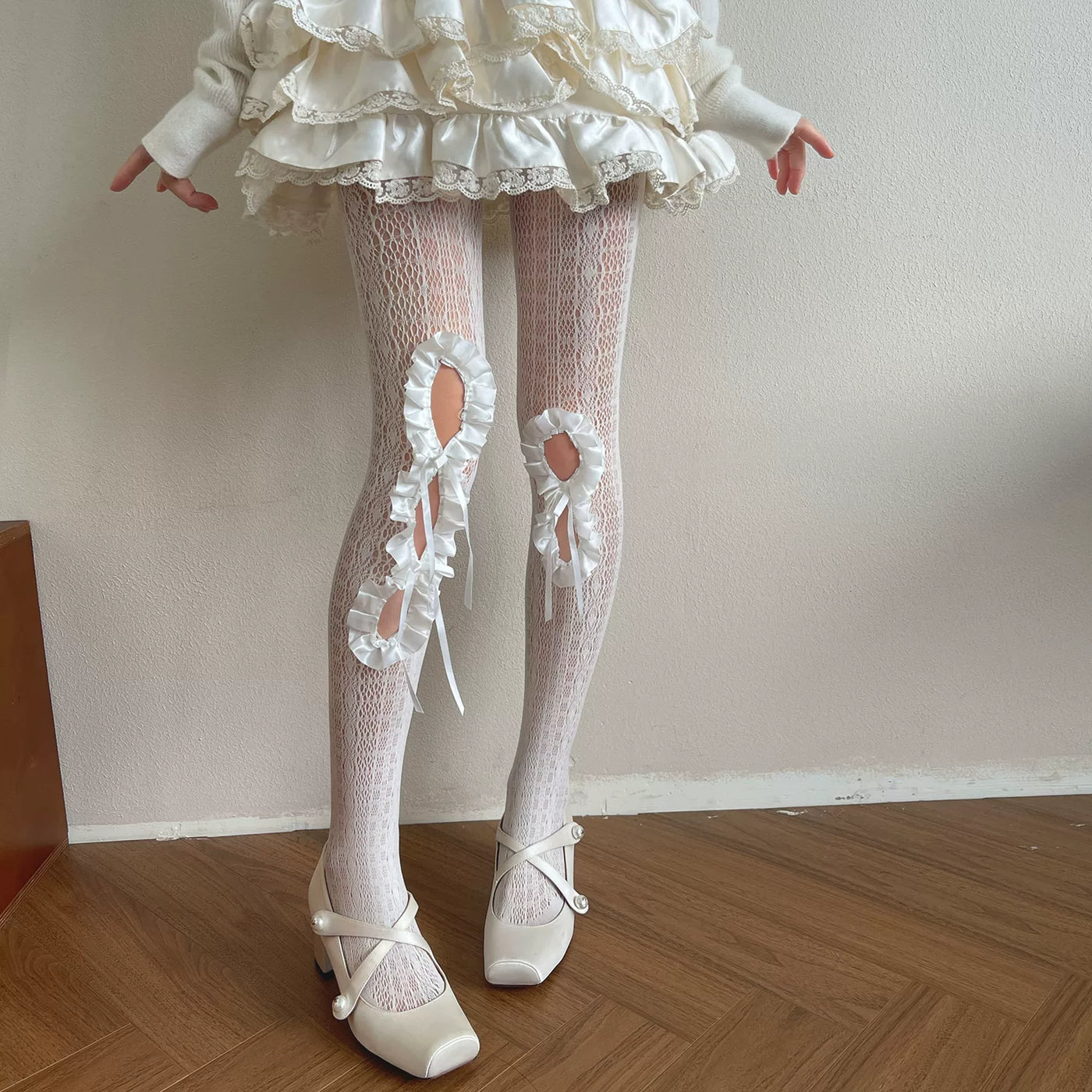 Sock Noble - Cutout Bow Lace - Lace Tights with Ruffled Cutouts and Ribbon Ties