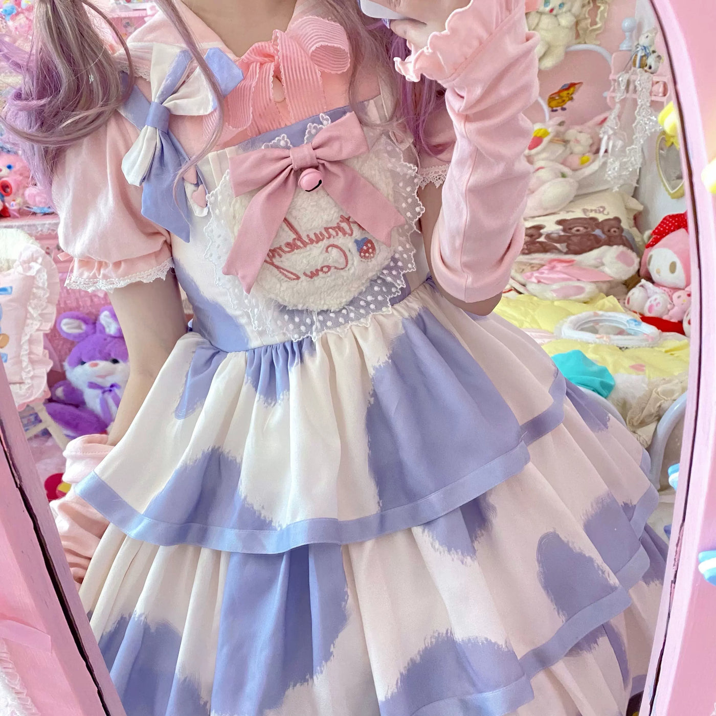 Tata Long Ear - Milk Cake Cow Print - Cow-Print JSK Dress with Three-Section Skirt