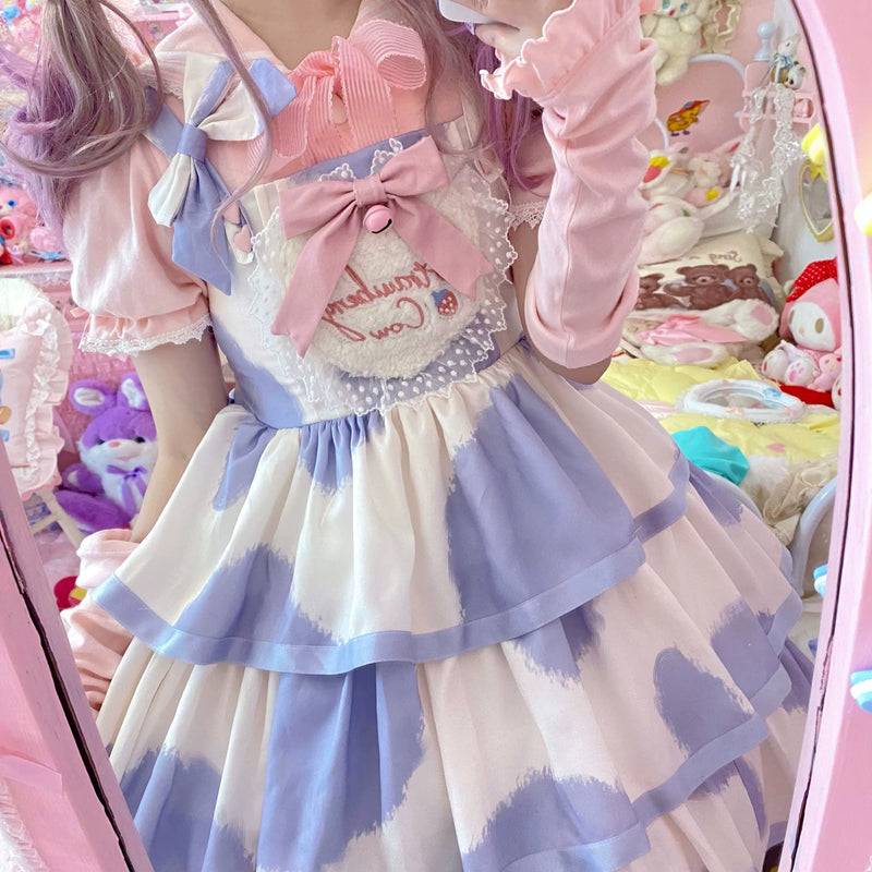 Tata Long Ear - Milk Cake Cow Print - Cow-Print JSK Dress with Three-Section Skirt