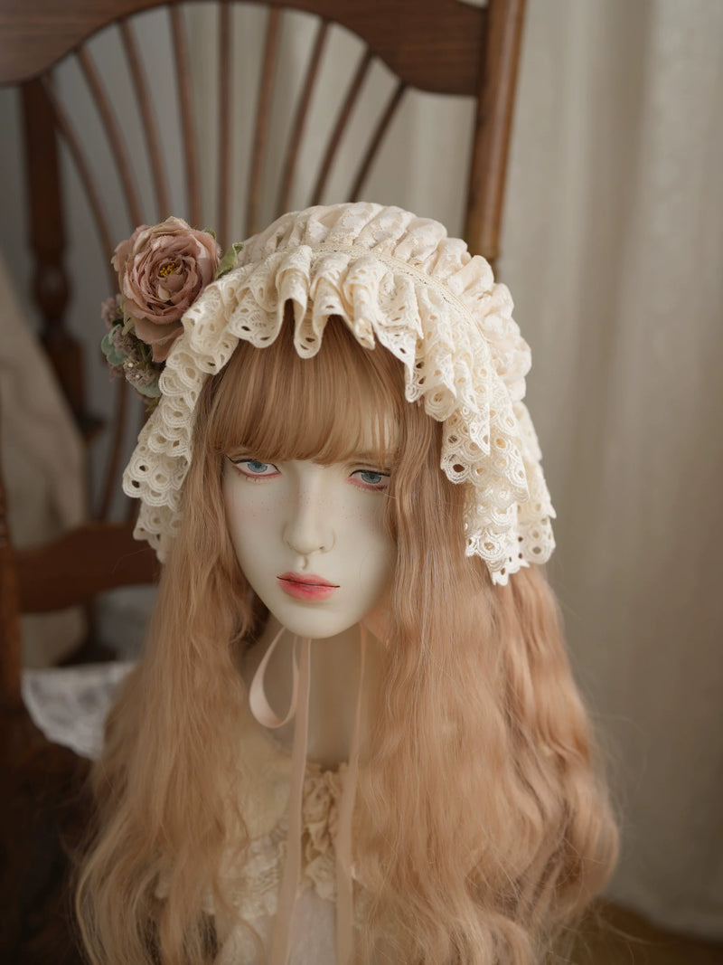 Star Box - Air Flora - Layered-Lace Bonnet with Long Ribbon Ties