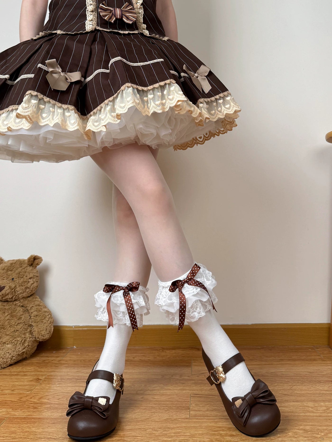 Chubby Bear Tales - Strawberry Doll - White Lace Ankle Socks with Polka-Dot Ribbon Bows