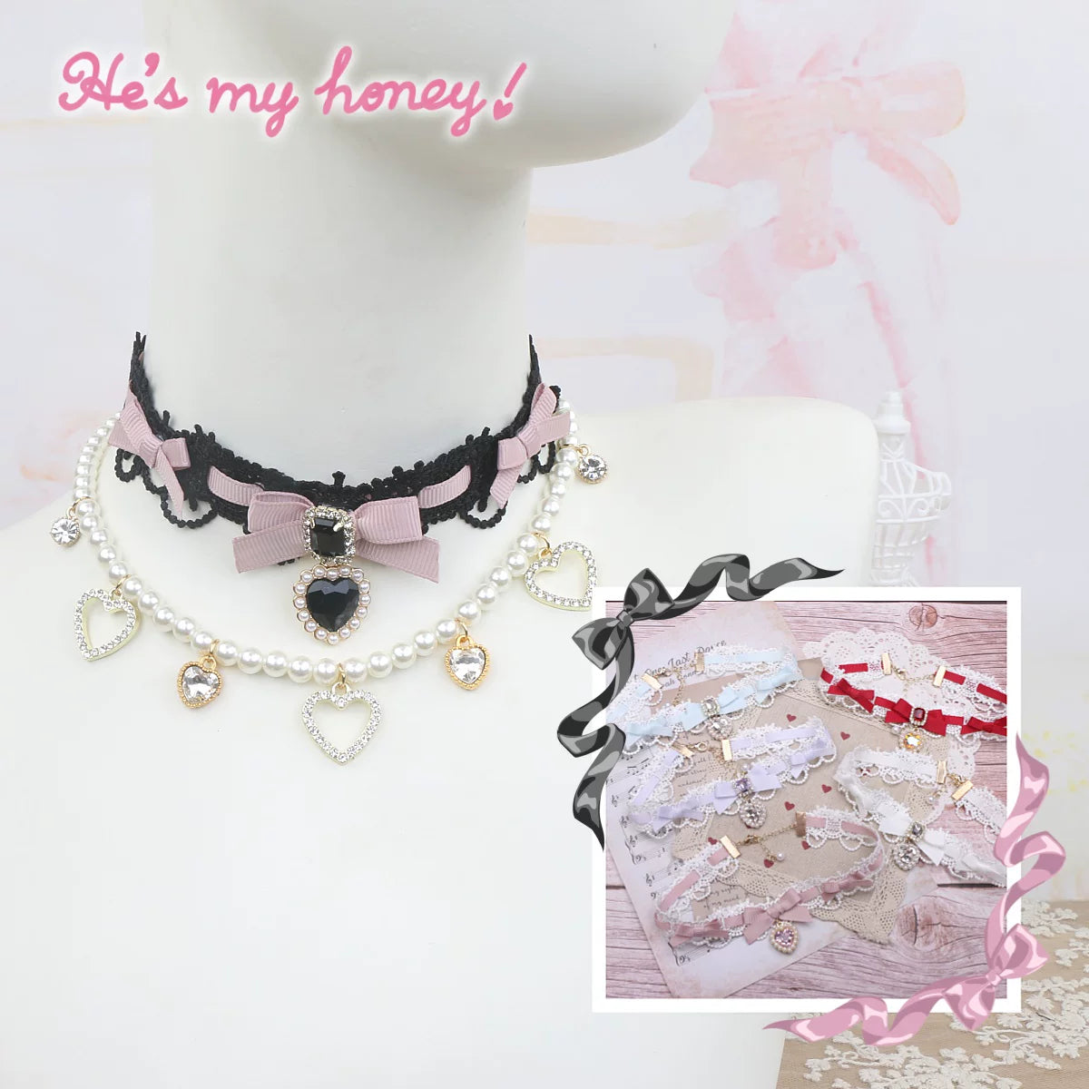 Pearl-and-bow heart necklace on a mannequin with pastel accessory variants