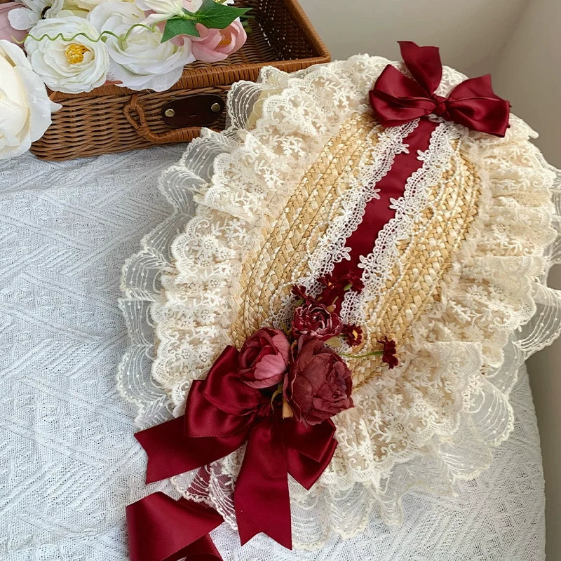 With PUJI - Floral Language - Country Lolita Lace Bow Flat Cap Straw Hat