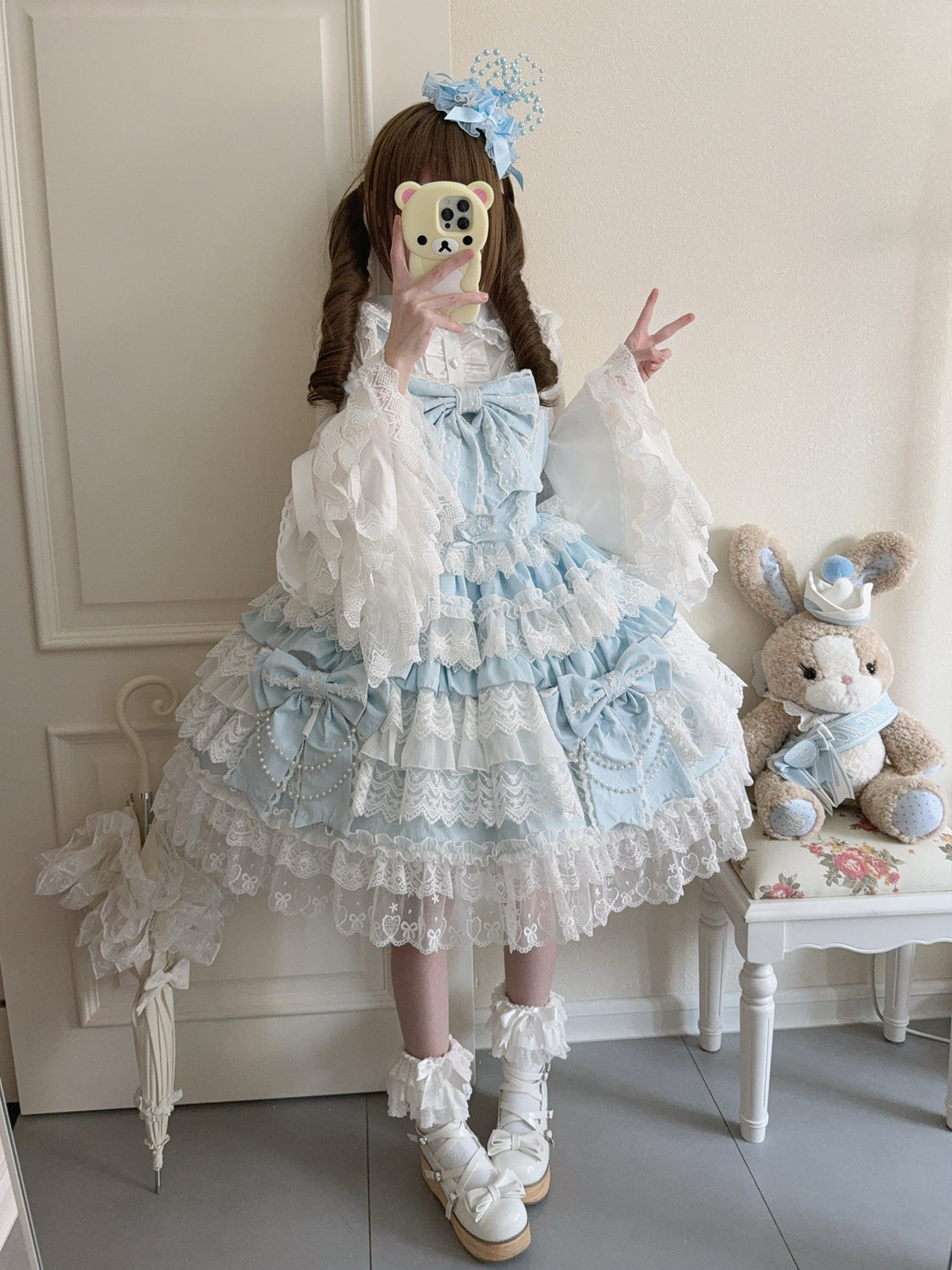 Hanguliang - Cross Heart Knot - Sweet Lolita JSK Suit Tiered Ruffles Dress, Lace Blouse