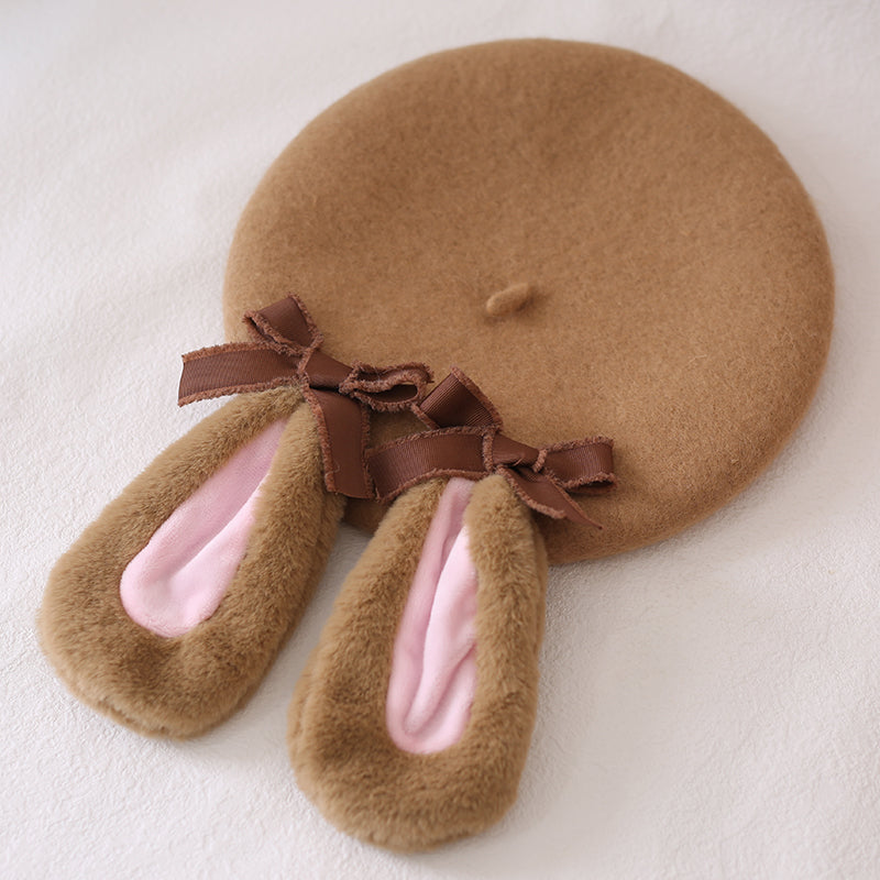 Xiaogui - Winter Lolita Beret Rabbit Ear Hat - Bow Beret Headwear
