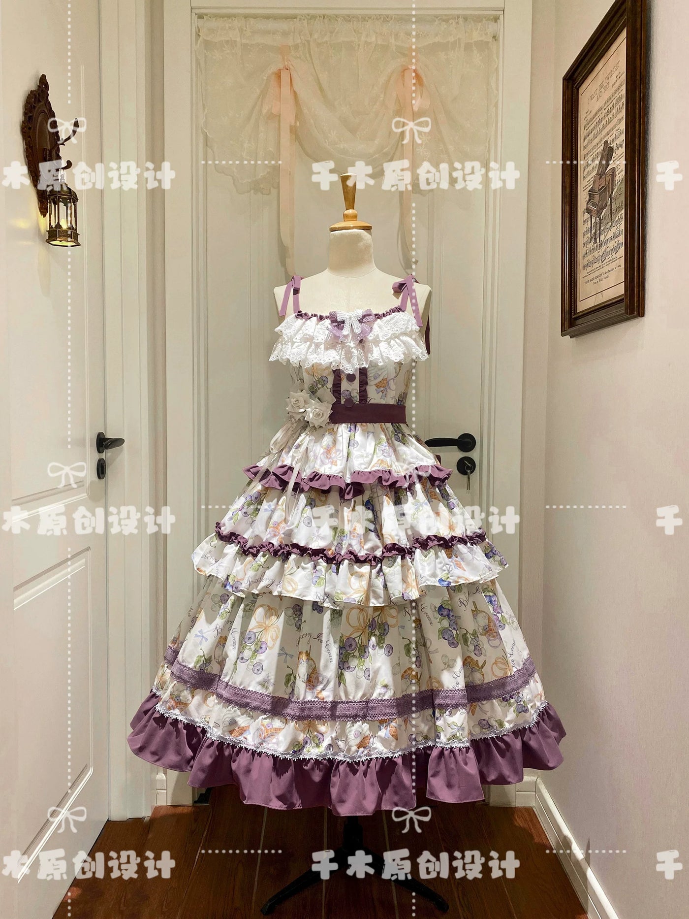 Blueberry purple trim pastoral Lolita long JSK on model