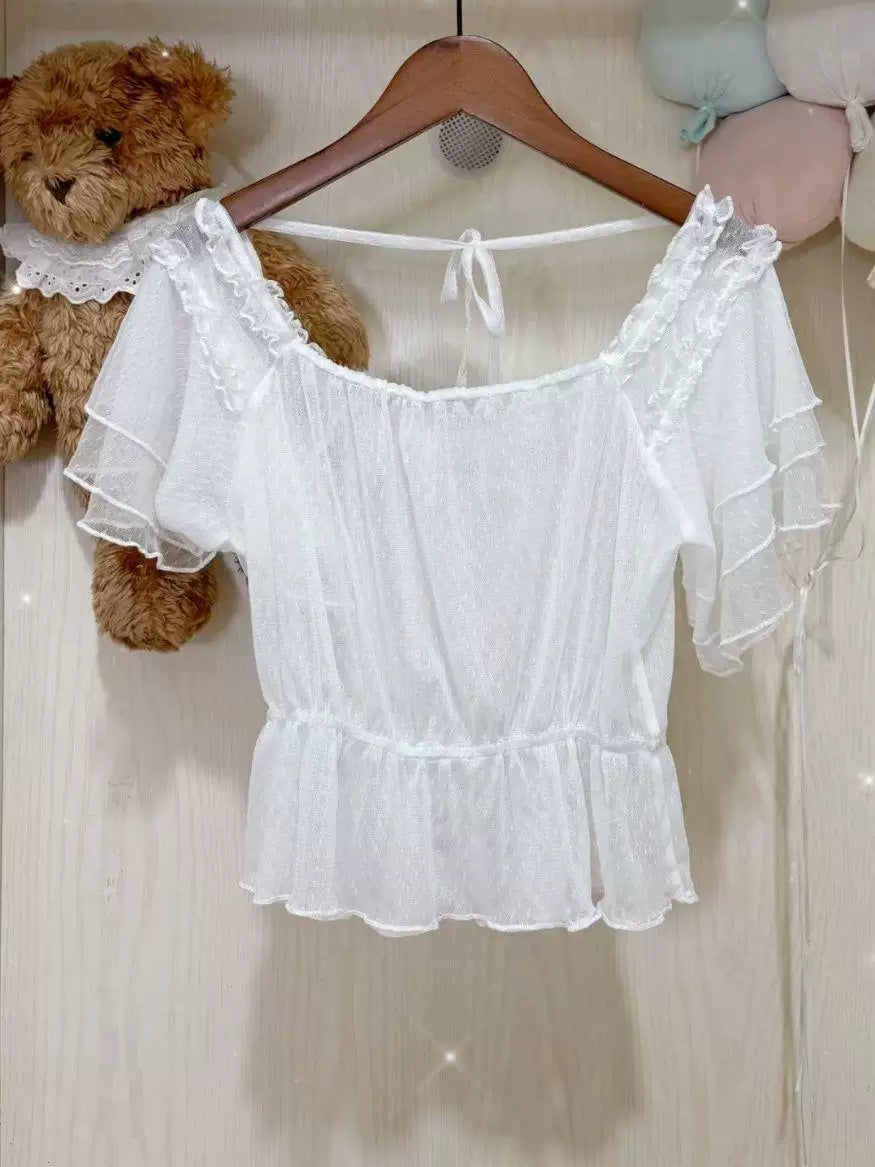 Sweetheart Dream Machine - Flutter Mesh - Sheer Mesh Inner Top with Short Flutter Sleeves