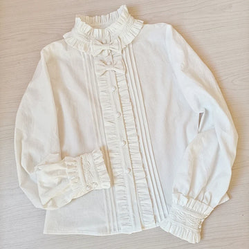 Youlan Lane - Winter Cotton - White Long-Sleeve Blouse with Lace Trim and Removable Bows