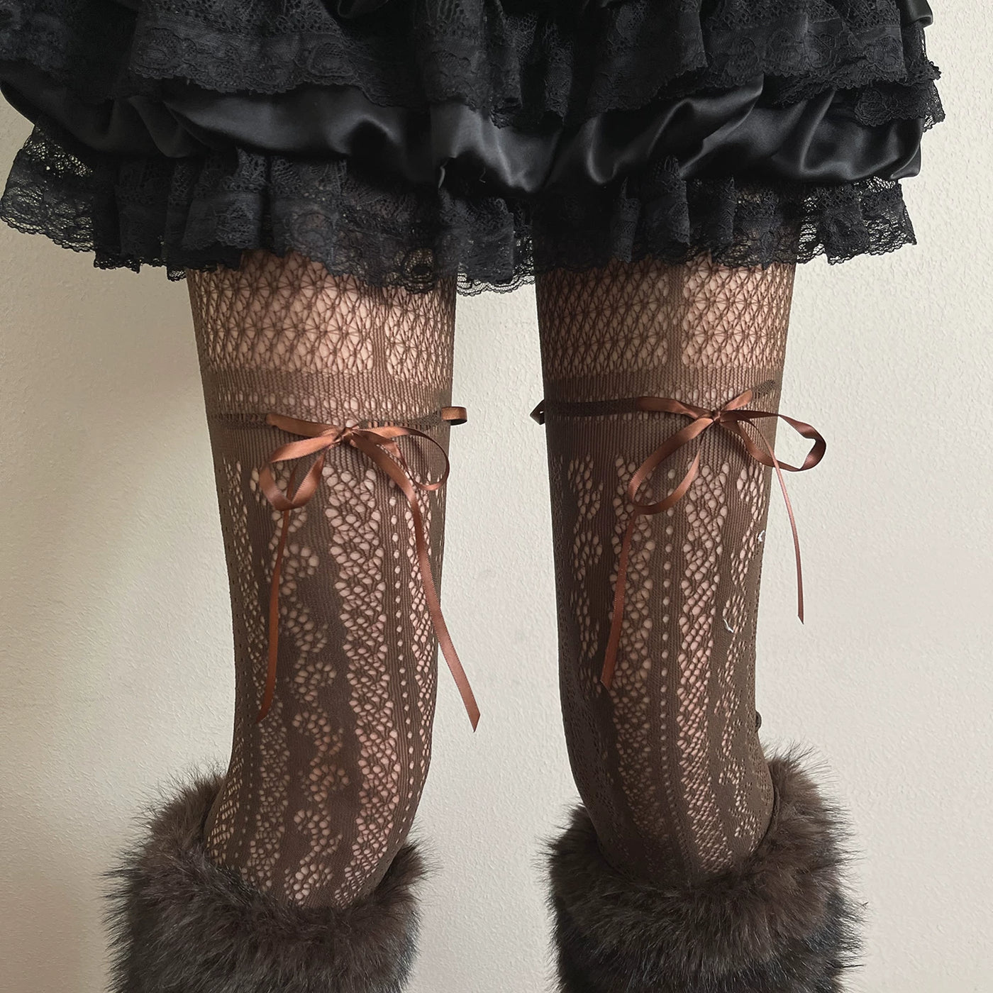 Sock Noble - Cocoa Fur - Brown Lace Tights and Sock Covers with Ribbon Ties and Fur Sections