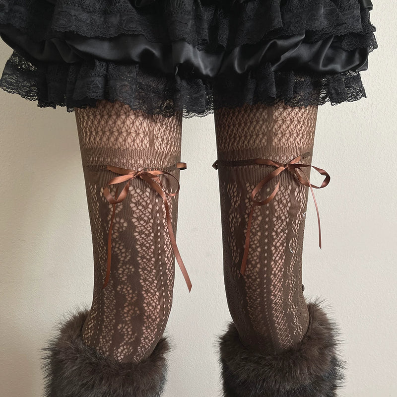 Sock Noble - Cocoa Fur - Brown Lace Tights and Sock Covers with Ribbon Ties and Fur Sections