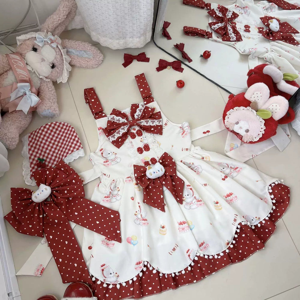 Sweetheart Dream Machine Meow Meow Milk Cake JSK with red bows and dessert print