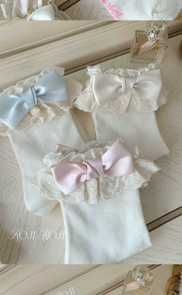 Roji Roji - Cotton Lolita Socks Lace Bow White - Socks Socks