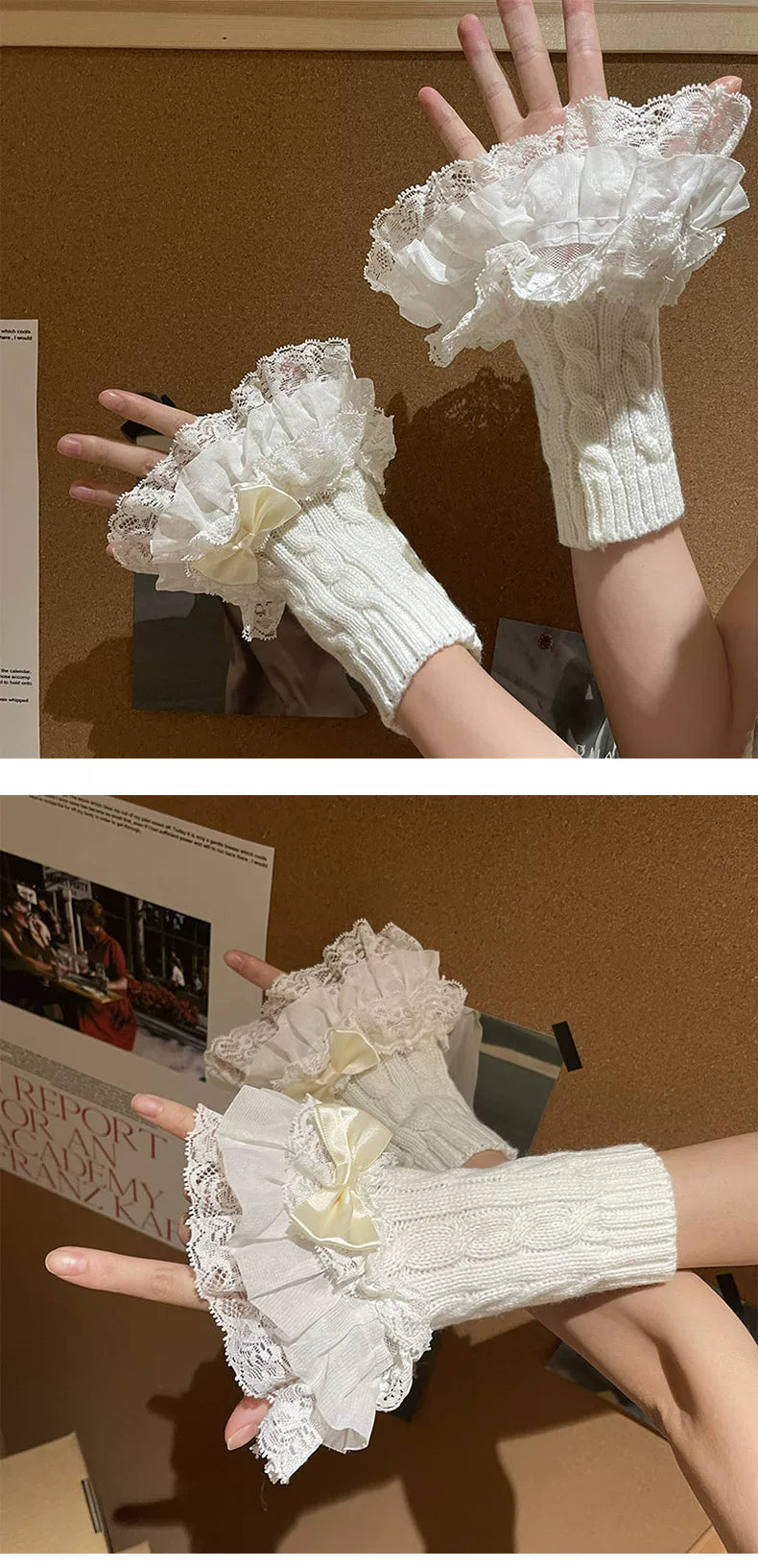 Sock Noble - Flower Banquet - Lace-Trimmed Cable-Knit Arm Sleeves with Bow Details