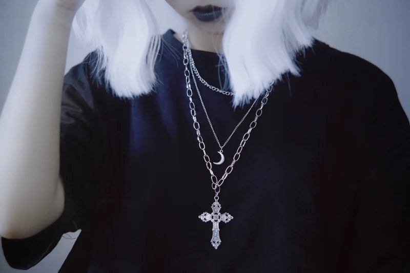 Strange Sugar - Gothic Lolita Necklace Triple Layer - Metal Cross Sweater Chain Neckwear