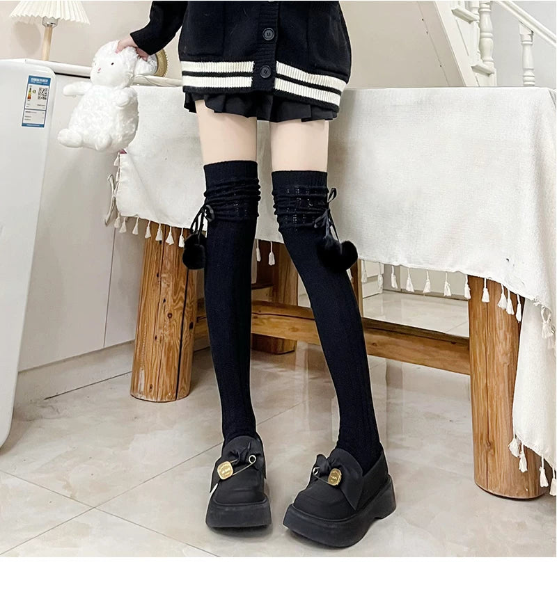 Floral Milk Cat - Pom-Pom Rib - Ribbed Thigh-High Socks with Side Pom-Poms