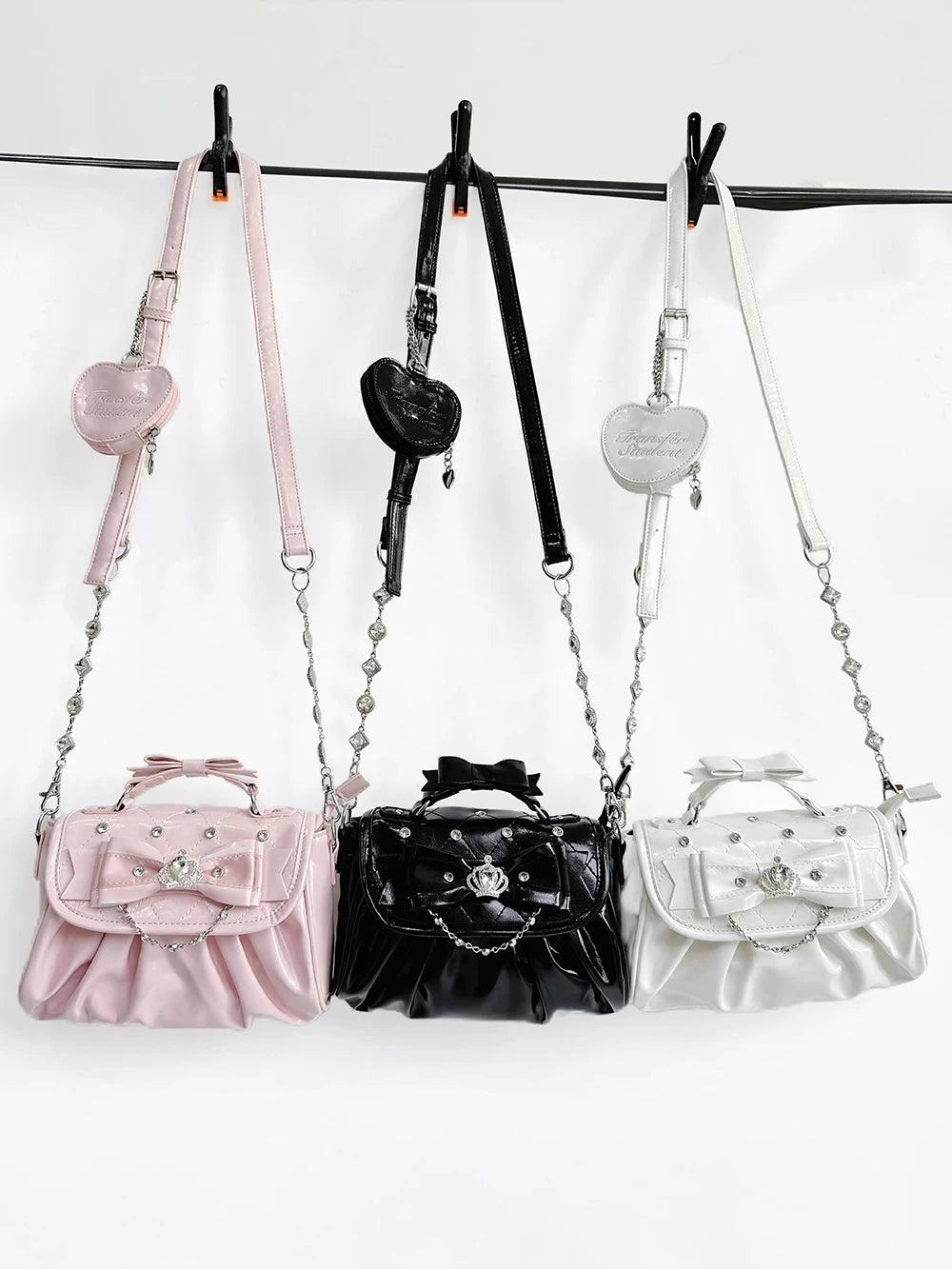 Small White Transfer Student Lolita Coronation shoulder bag with rhinestone and lace details
