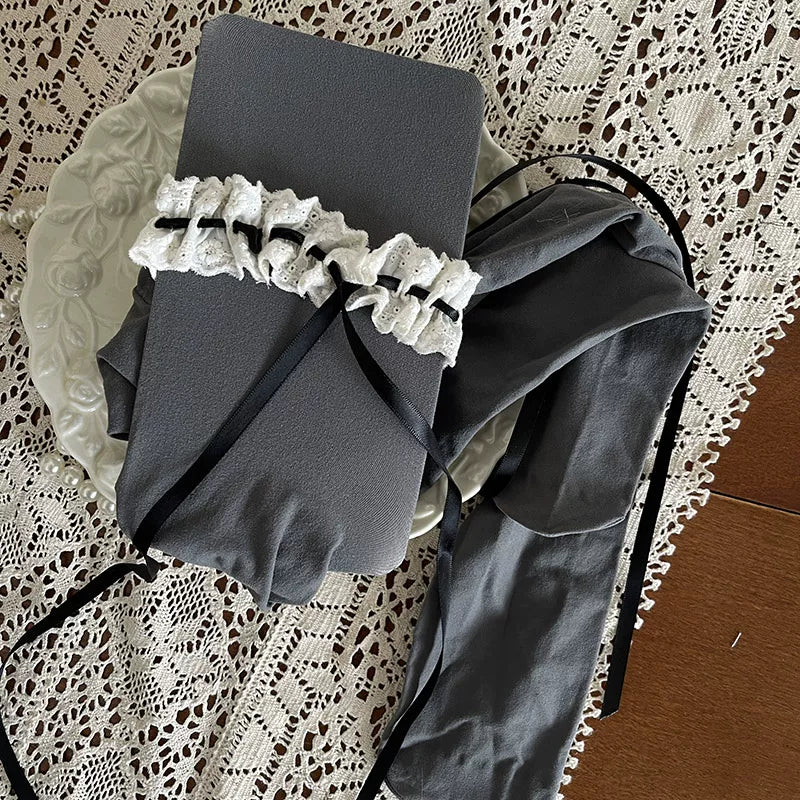 Sock Noble - Cream Lace - Velvet Tights with Lace-Trimmed Bands