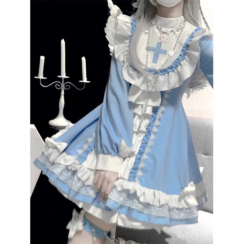 Creamy - Blue Gothic Nun - Blue and White One-Piece Dress with Lace Ruffles