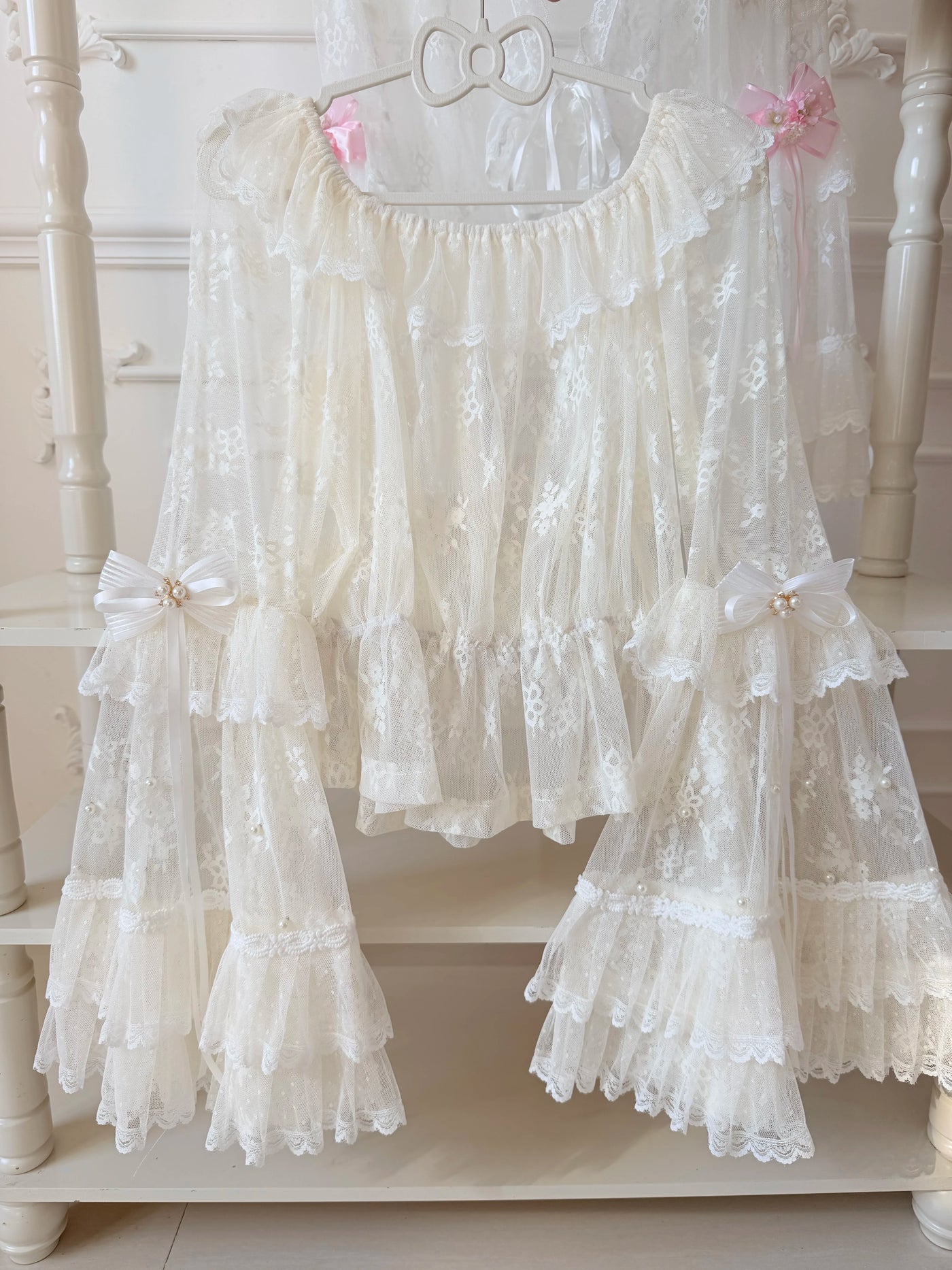 Cat Upon Cat - Moon Cage Tulle - Lace Long-Sleeve Inner Top with Tiered Ruffle Sleeves