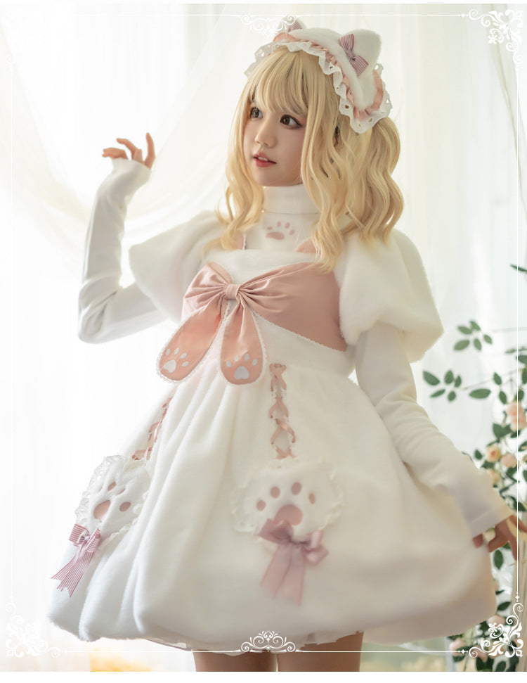 Eieyomi - Cat Planet - White-and-pink Lolita OP dress with cat-claw bows - product detail 10