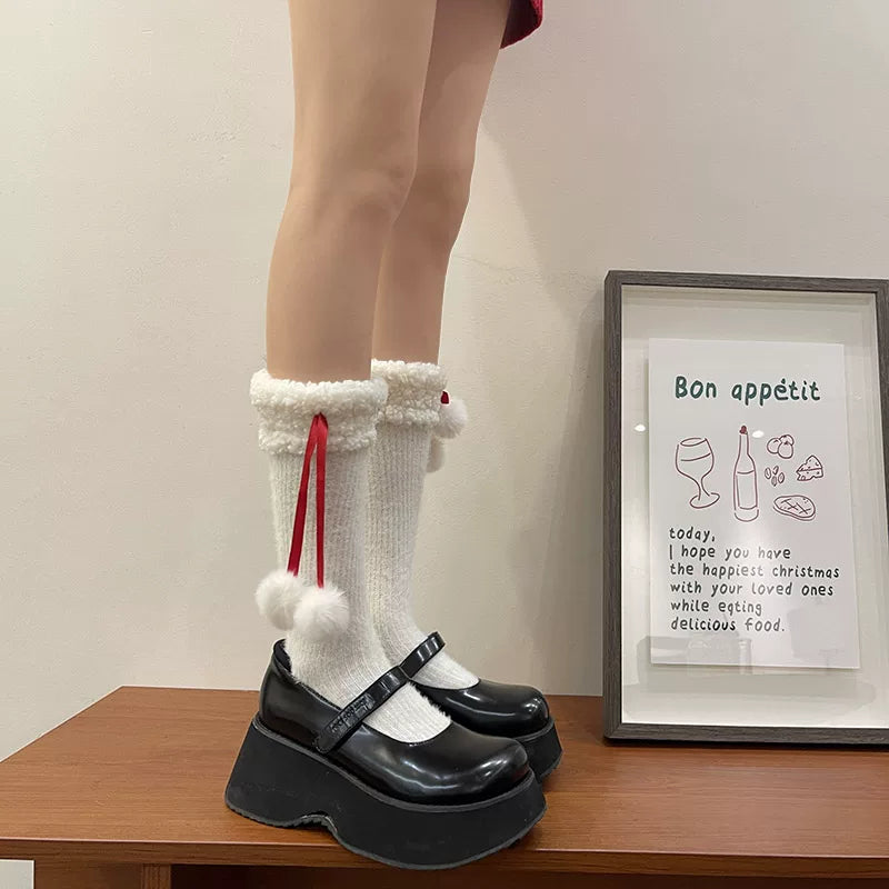 Sock Noble - Christmas Ribbon Slouch - Long Mid-Calf Socks with Fuzzy Cuffs