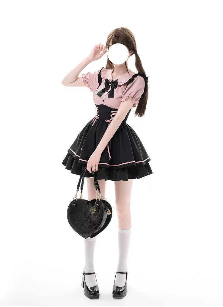 Sweetheart Dream Machine - Pink Ribbon Pinafore - Black Pinafore Dress Set with Pink Lace-Up Ribbons