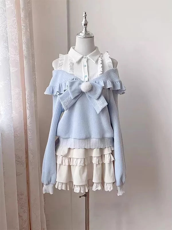 Creamy - Powder Blue Bow - Blue knit top and cream-apricot half-skirt set with an oversized bow