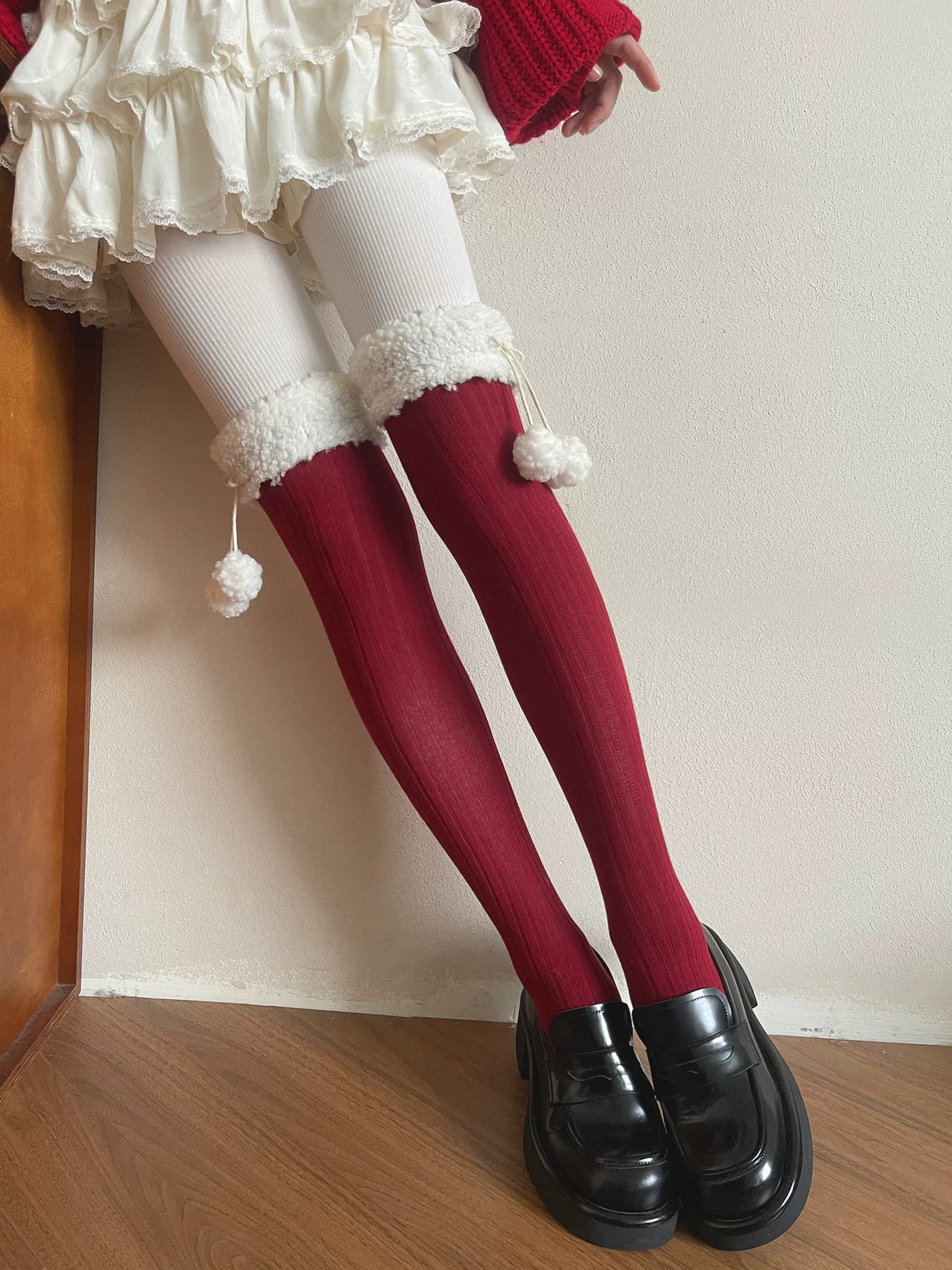 Sock Noble - Christmas Pom-Pom - Over-the-Knee Socks with Fuzzy Cuffs