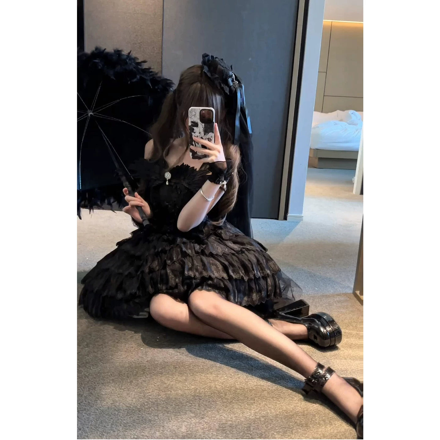 Creamy - Black Swan - Black JSK Dress with Layered Feather-Shaped Trim