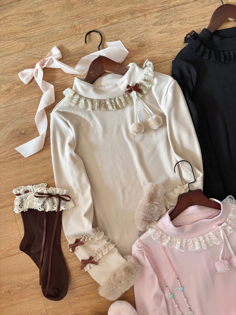 Cat Upon Cat Little Furball Thick Winter Layering Top — Light Brown - Plush Cuffs