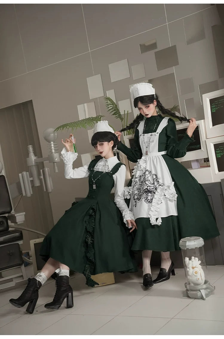 With PUJI - Abyss Clinic - Gothic Lolita Green Dress Set, Embroidery Accent