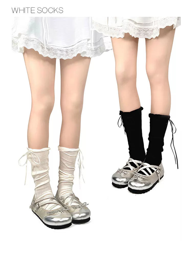 White Socks - Ballet Ribbon - Slouch Calf Socks with Bow Ties