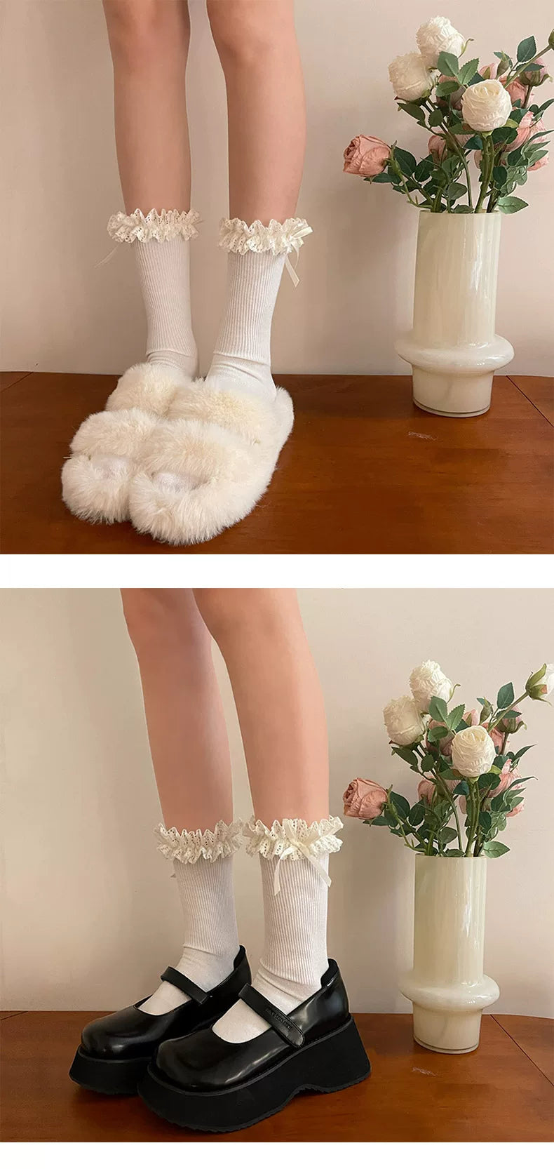 Sock Noble - Ruffle Bow - Scrunched Mid-Calf Socks with Ruffled Lace Cuffs