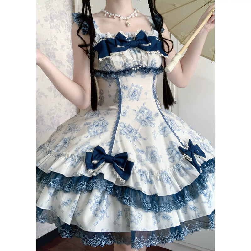 Zhijinyuan Morning Mist Rose Floral JSK & OP — Blue floral JSK styled on a model