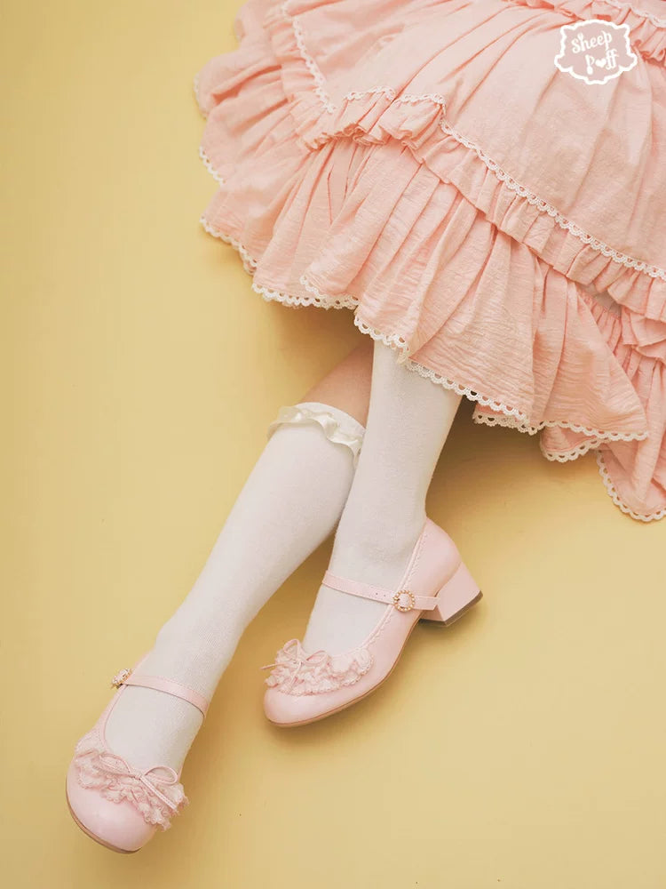 Sheep Puff satin Mary Jane shoes featuring sheep puff embellishments and a classic shoe design with a rounded toe.