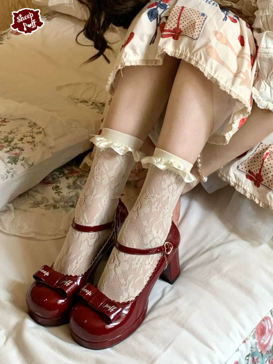 Sheep Puff Souffle Bow Lolita Heels showing white puffed sheep design, with large bow embellishment and delicate heel.
