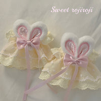 RojiRoji - Cute Lolita Bunny Ears Cuffs Lace - Summer Butterfly Hand Sleeves Hand Accessory - Yellow-pink