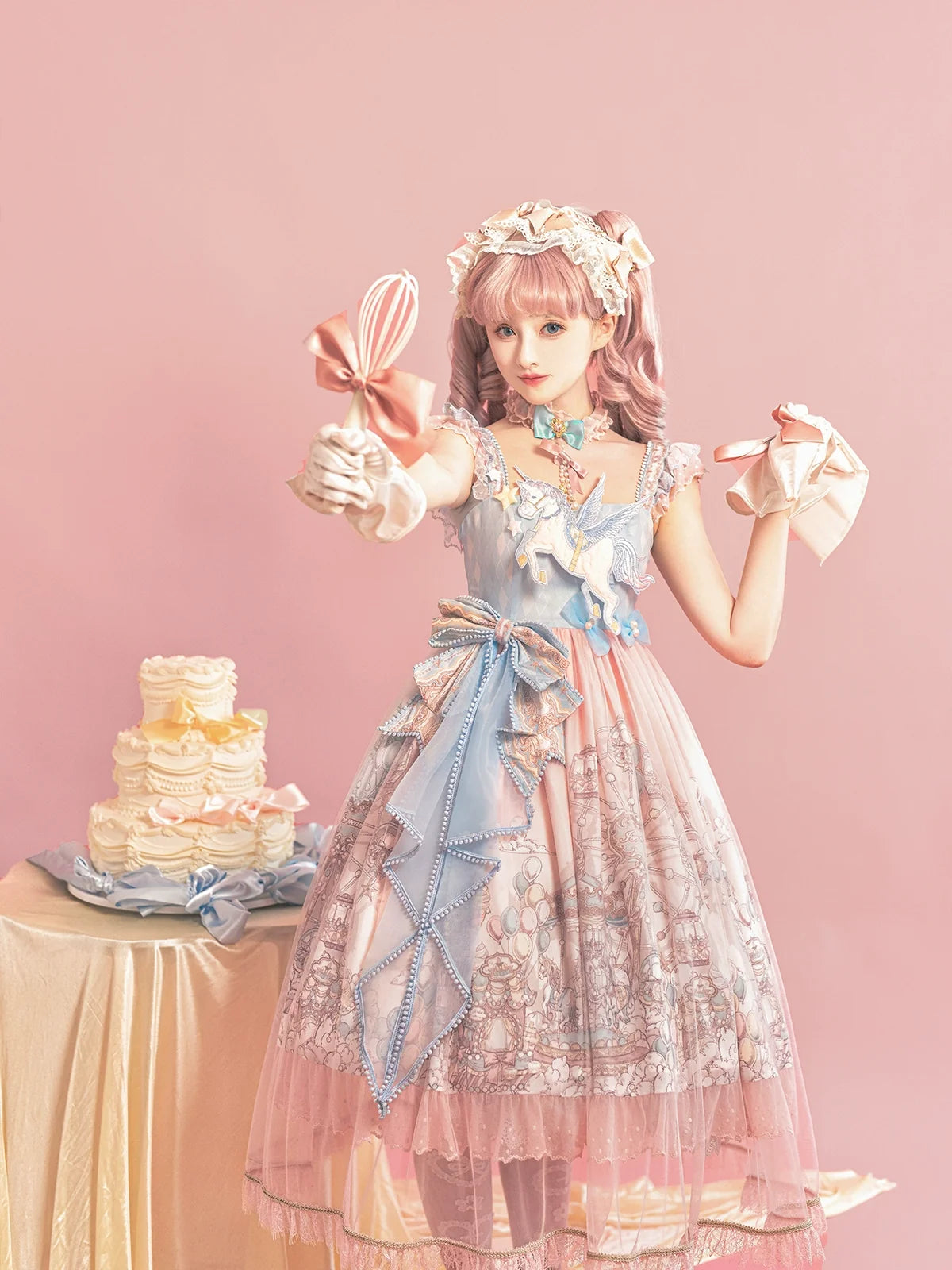 Designer's Gift - CloudPlay - Pastel Sweet Lolita JSK dress with carousel print and detachable waist bows - product detail 6