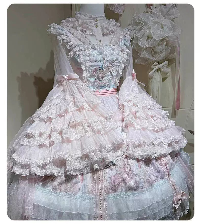 Sweetheart Dream Machine - Lace Bow - Long-Sleeve Blouse with Tiered Lace-Ruffle Sleeves