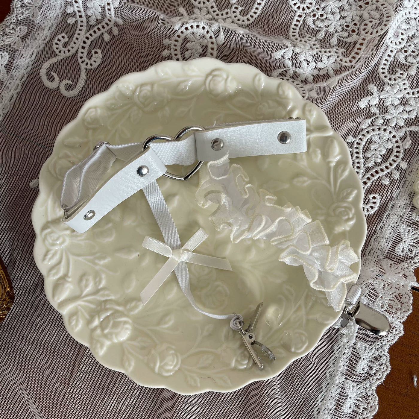 Sock Noble - Cream Ruffle Layers - Dotted Tights, Sock Cover and Bow Leg Ring Options with Ruffled Lace Details