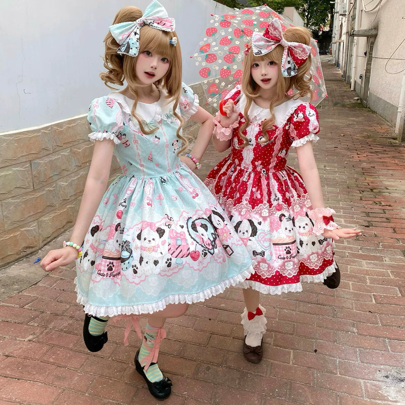 Yanran - Sweet Puppy Print Lolita OP - One-piece Sweet Lolita dress