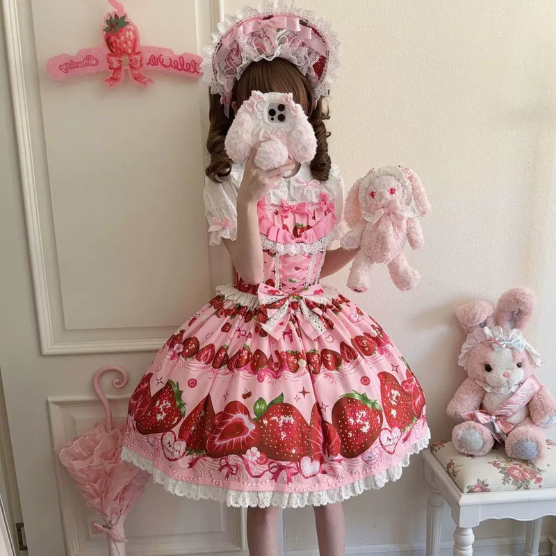 Lady Han Sweet Berry Story Lolita JSK Dress featuring a cute, colorful berry print and ruffled details.