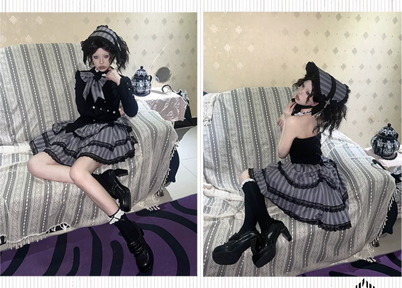 Baozi Pig - Witch's Shop - Gothic OP Dress with Corset-Style Bodice and Striped Skirt
