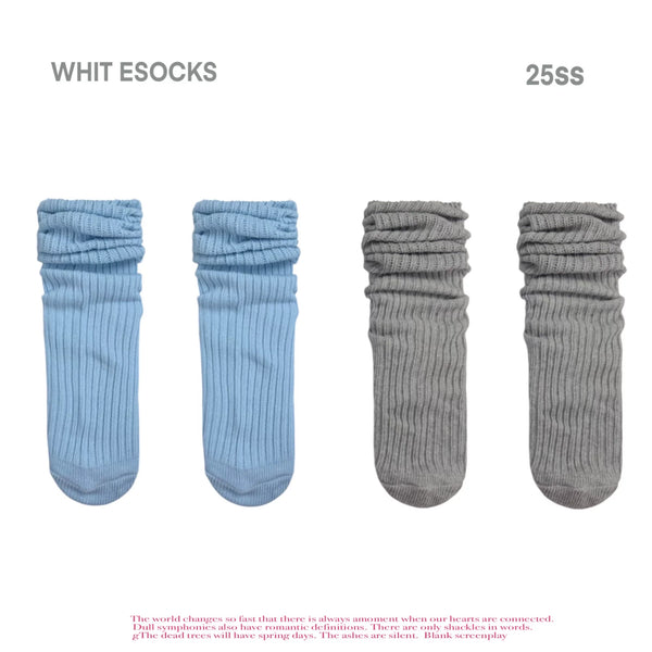 Ribbed striped mid-calf Lolita socks with slouchy cuff in light gray
